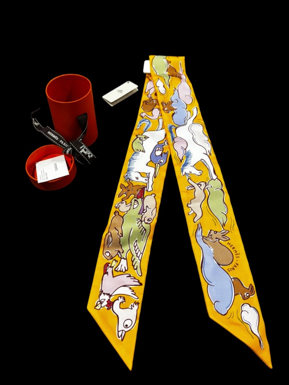 Hermès Yellow Animal Print Twilly Scarf nwt & box